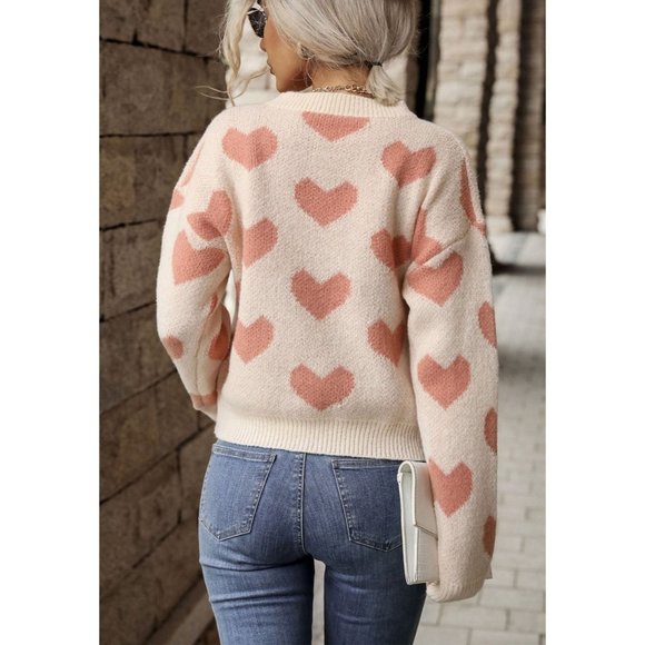 NWT-Heart Print Drop Shoulder Sweater - Picture 3 of 6